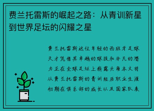 费兰托雷斯的崛起之路：从青训新星到世界足坛的闪耀之星